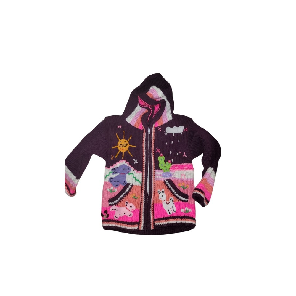 Handmade Wool Zip Hoodie Kids 4T Purple Pink Llama Sun Embroidered‎ Knit Sweater